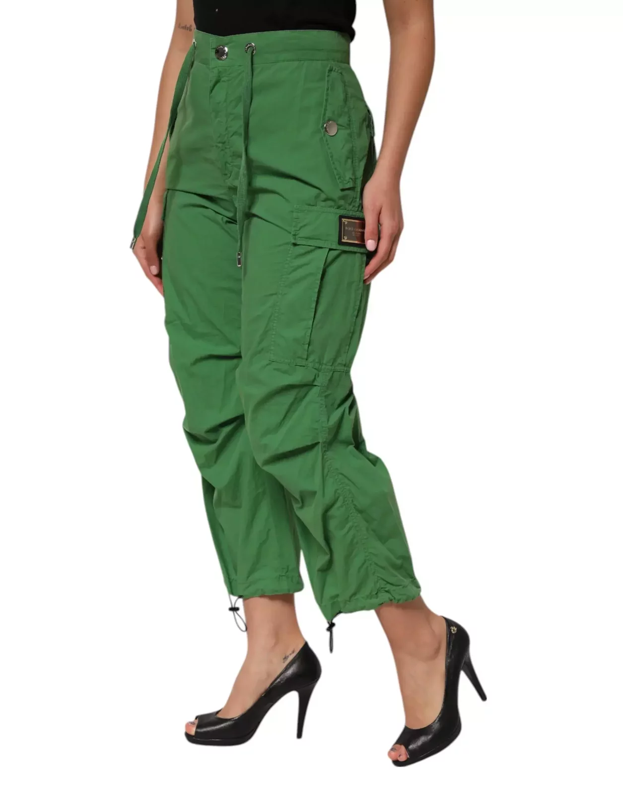 High Waist Cotton Cargo Pants - Green / IT38 | XS
