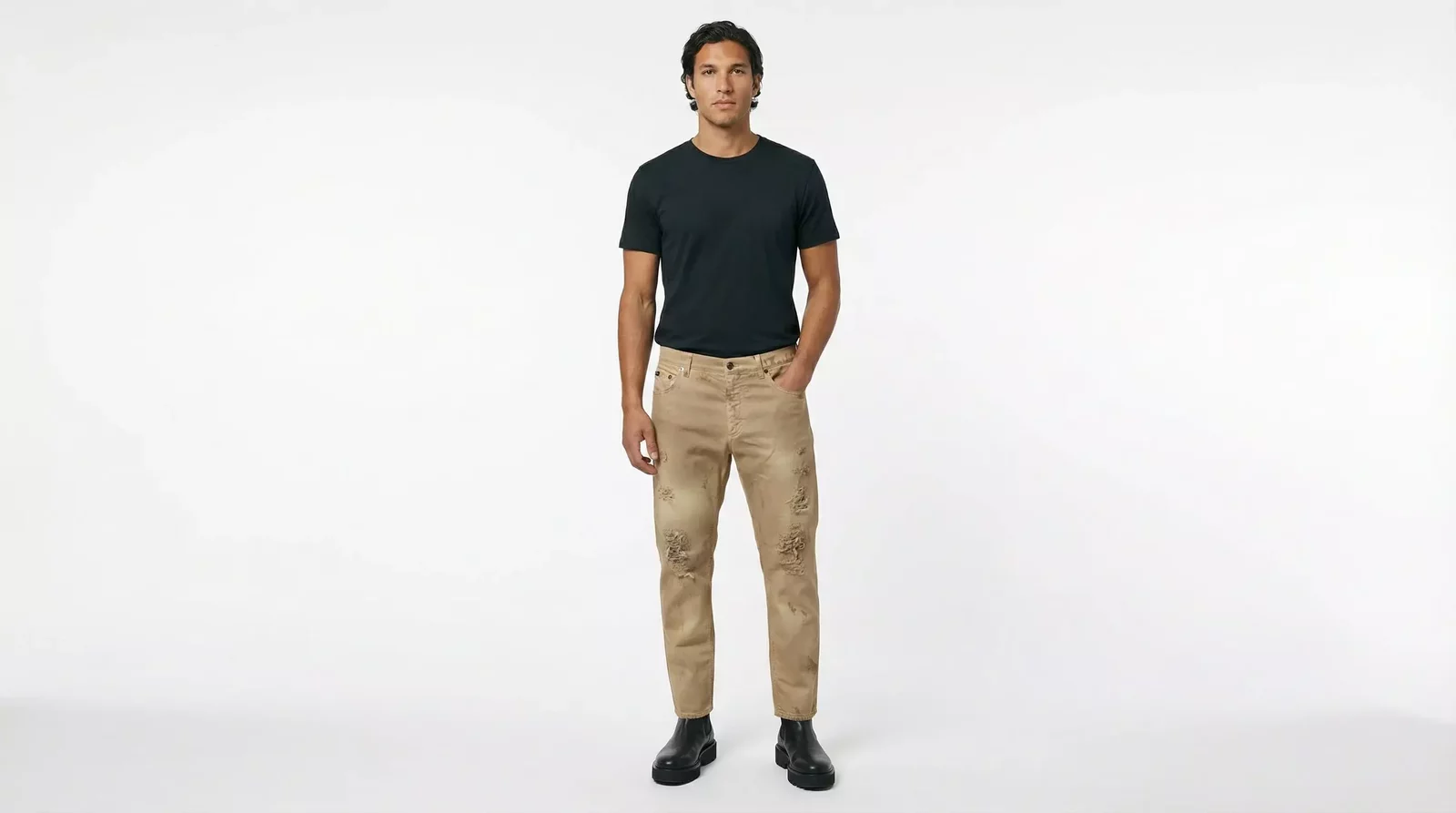 Loose Tattered Cotton Denim Jeans - Beige / IT48 | M
