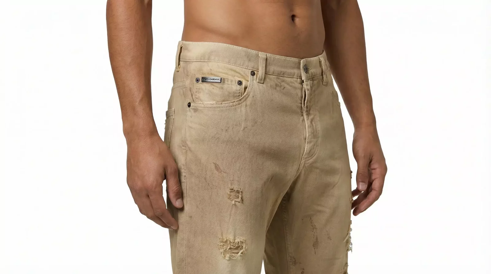Loose Tattered Cotton Denim Jeans - Beige / IT48 | M