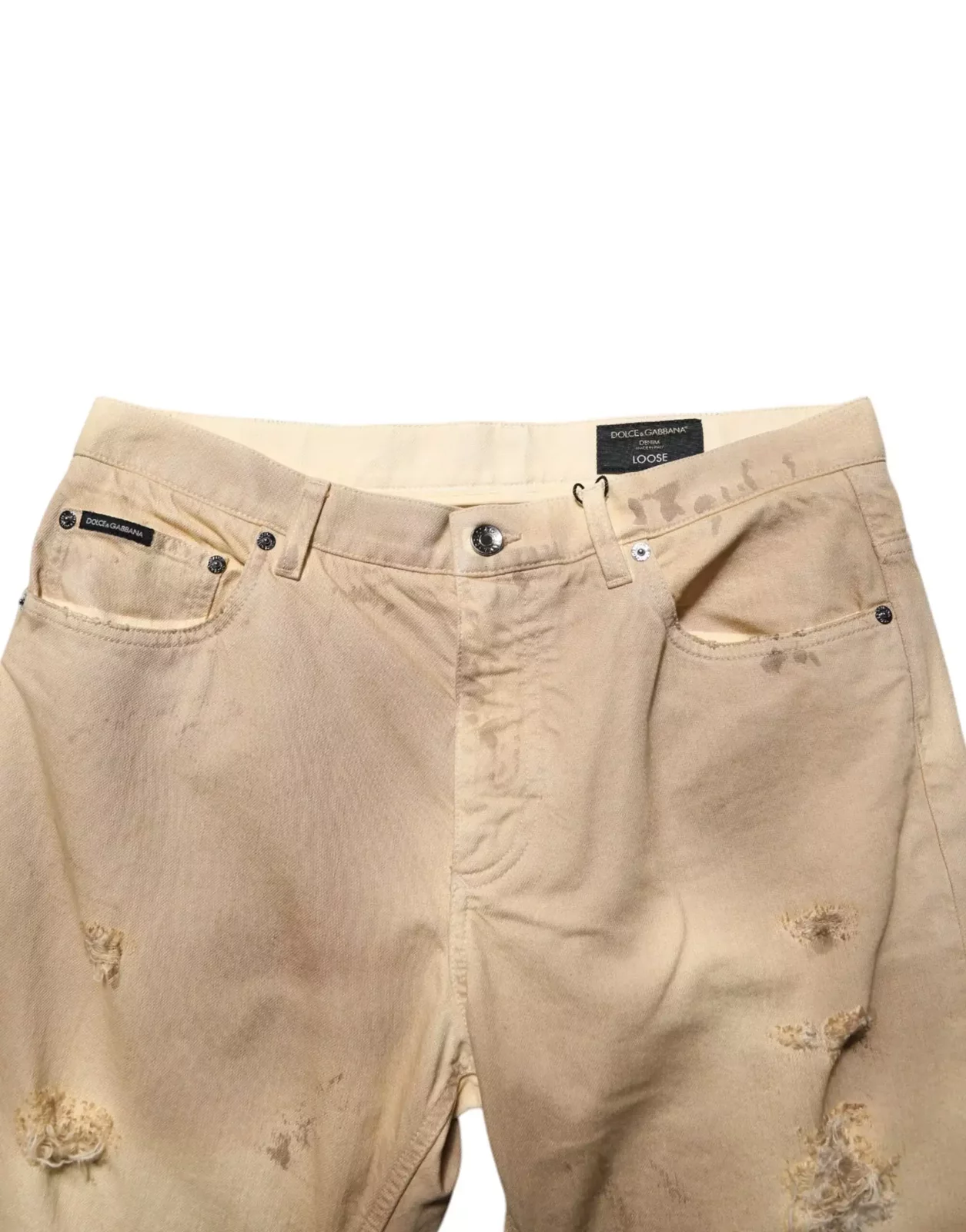 Loose Tattered Cotton Denim Jeans - Beige / IT48 | M
