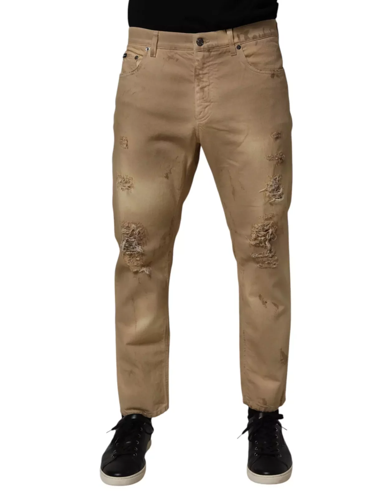 Loose Tattered Cotton Denim Jeans - Beige / IT48 | M