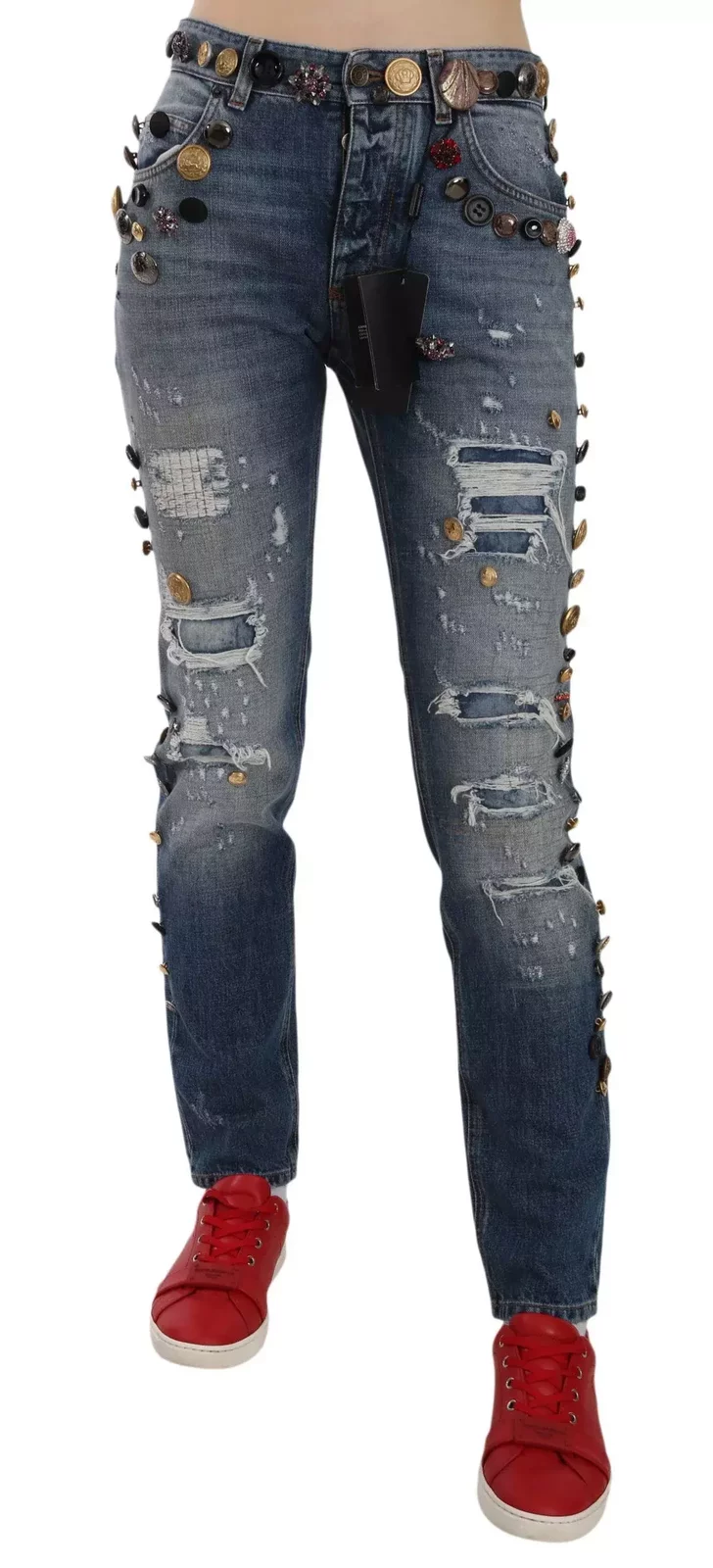 Embellished Denim Pants with Distressed Details - Blue / 38 IT