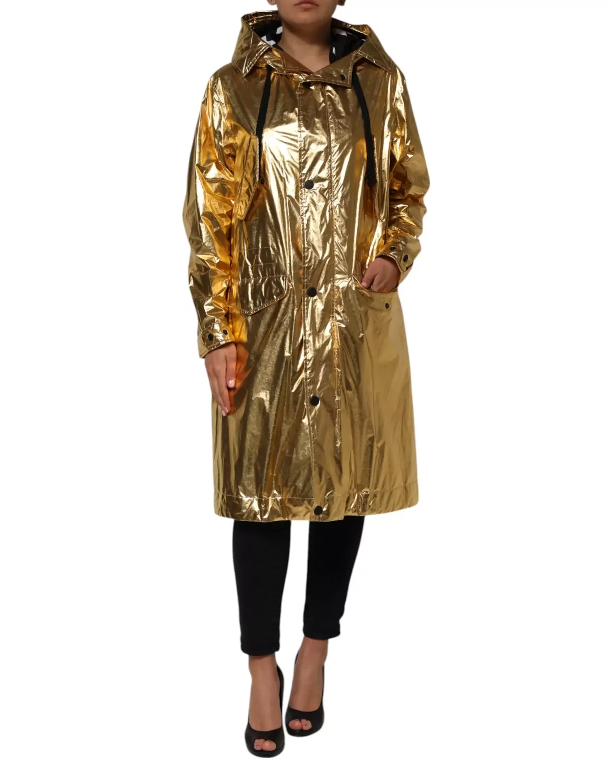 Hooded Long Sleeves Trench Coat Jacket with Removable Padded Lining - Gold / 40 IT