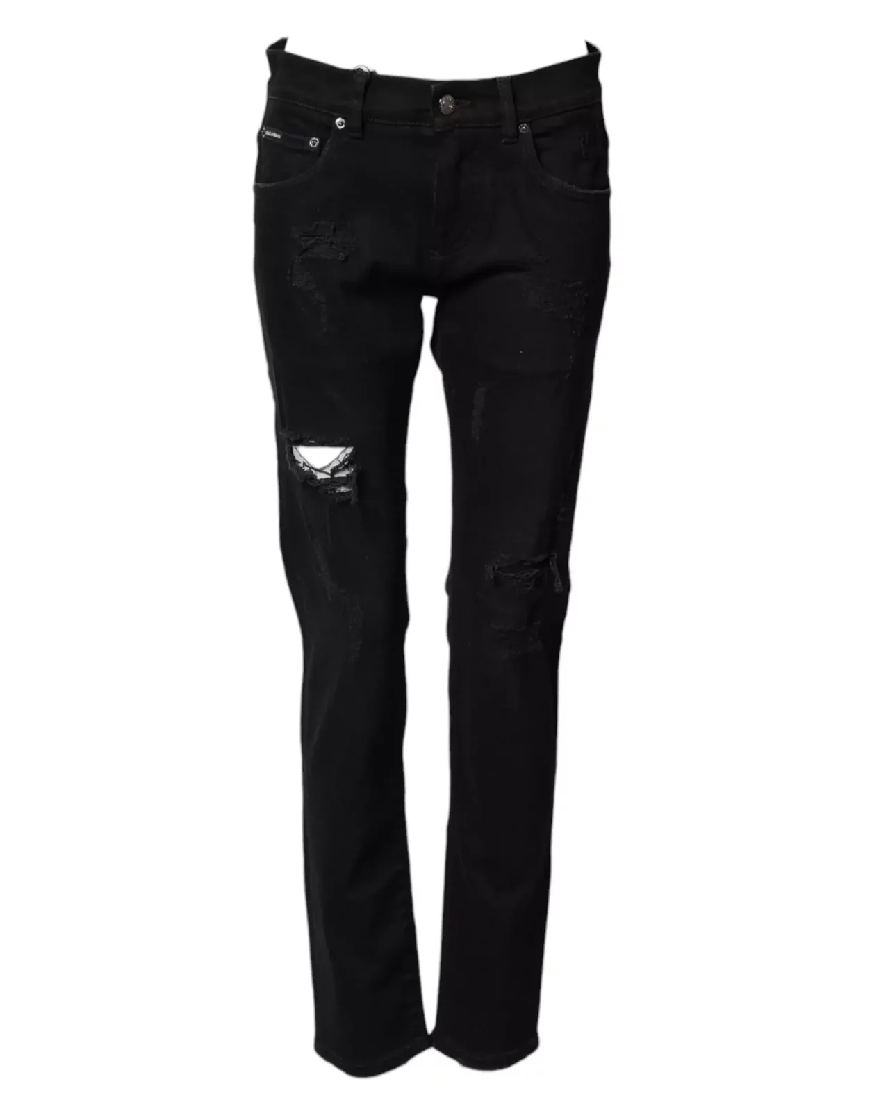 Tattered Skinny Cotton Denim Jeans - Black / IT44 | XS