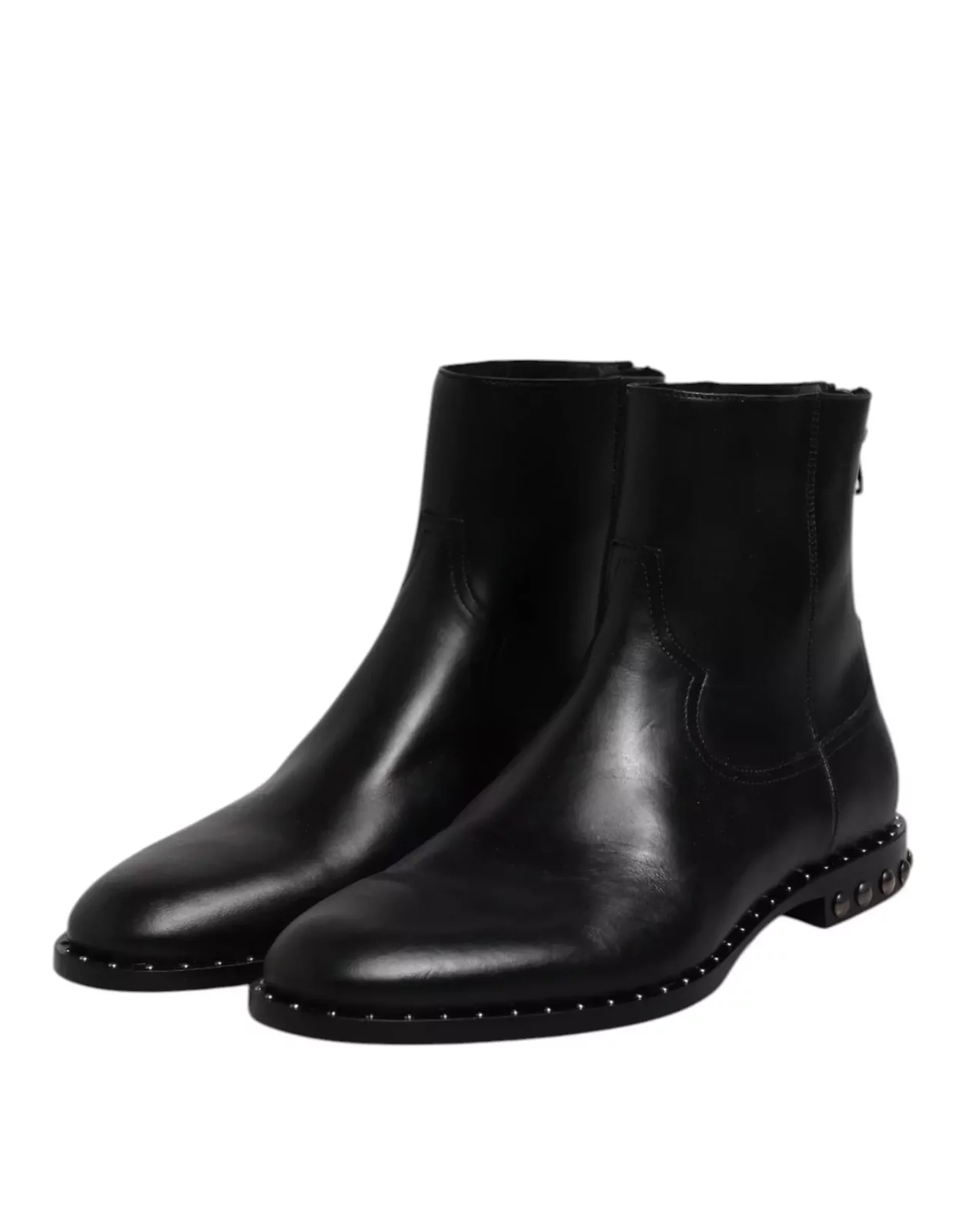 Leather Studded Ankle Boots with Logo and Zipper Closure - Black / EU44/US11