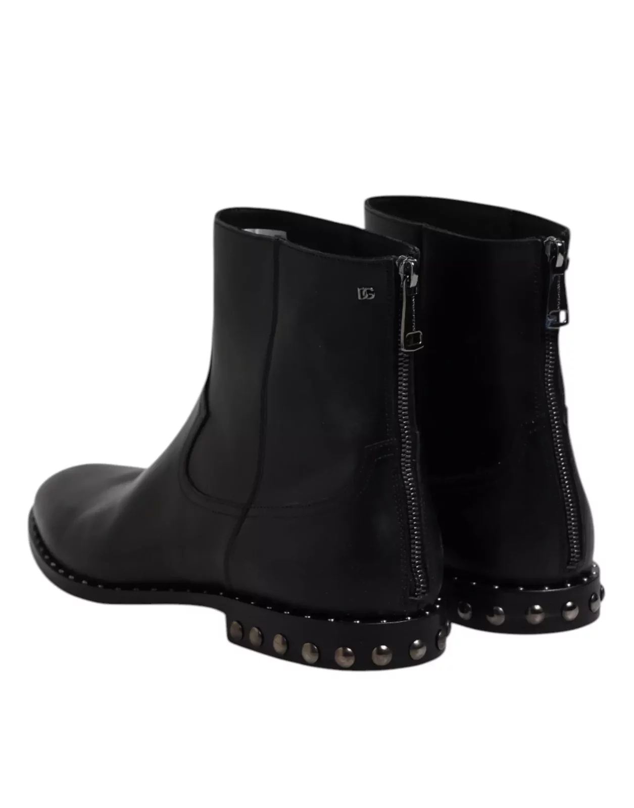Leather Studded Ankle Boots with Logo and Zipper Closure - Black / EU44/US11