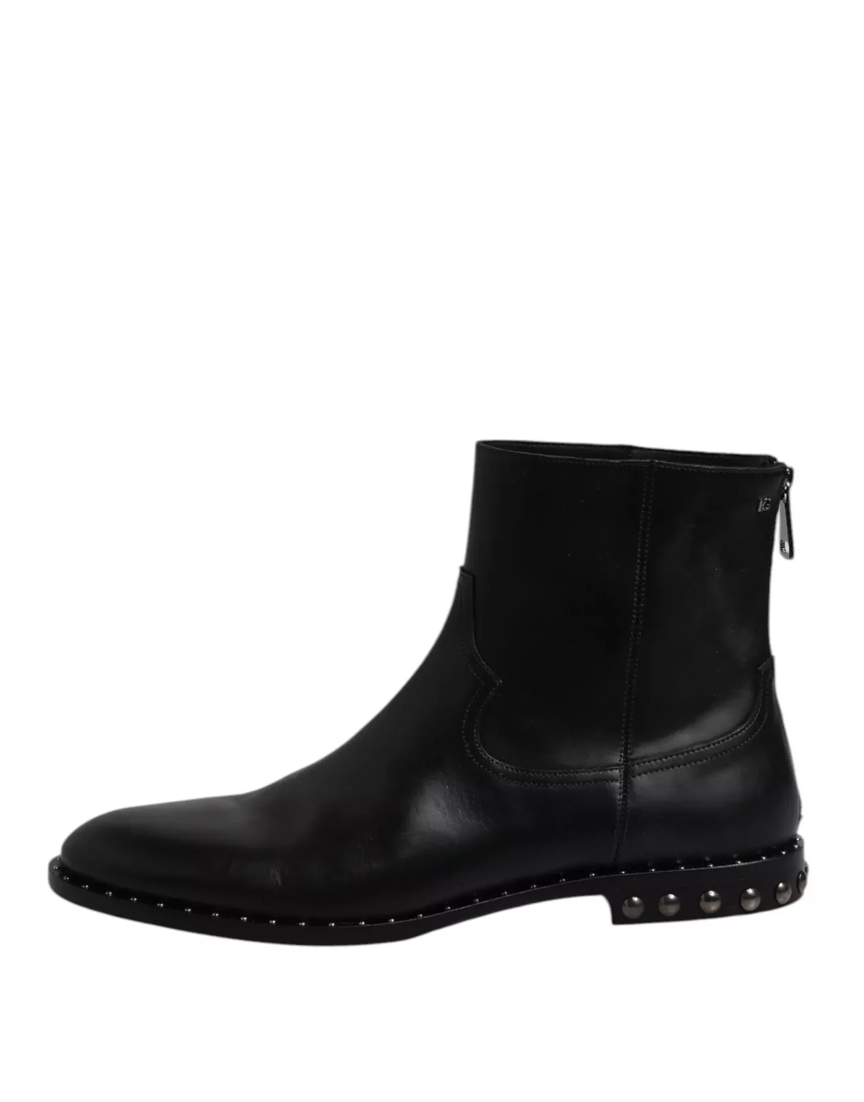 Leather Studded Ankle Boots with Logo and Zipper Closure - Black / EU44/US11