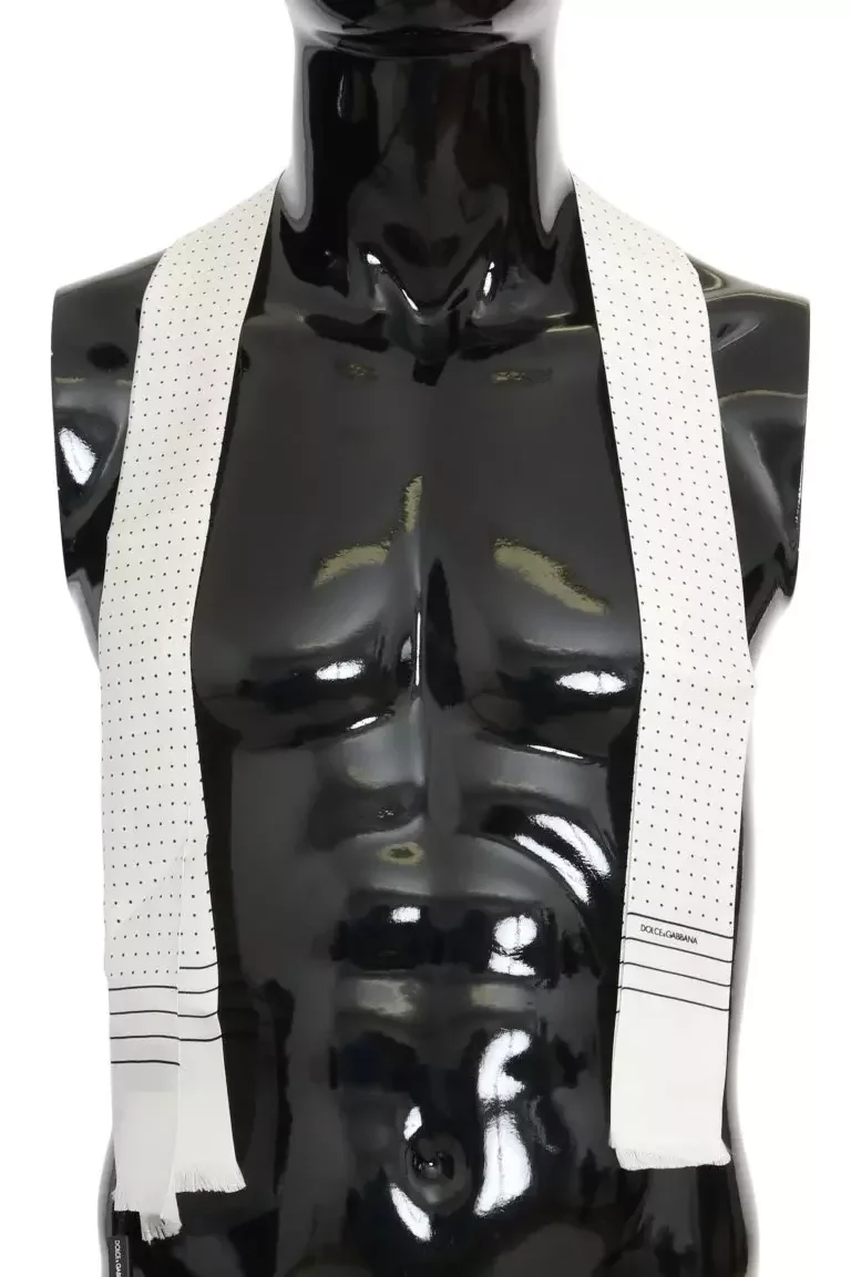 White Silk Mens Tie Scarf Wrap with Polka Dotted Fringes - BlackWhite / One Size One Size