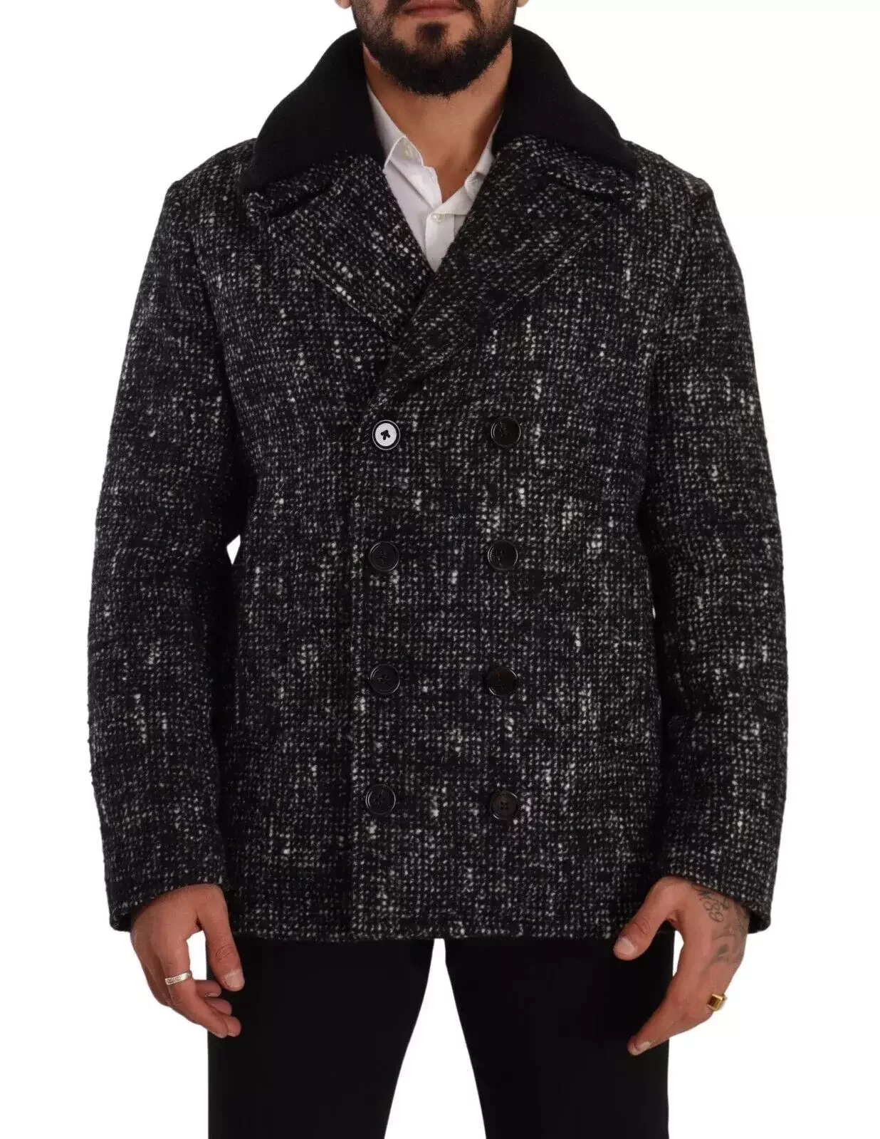 Double Breasted Peacoat BlackWhite Tweed - Black and Gray / IT48 | M