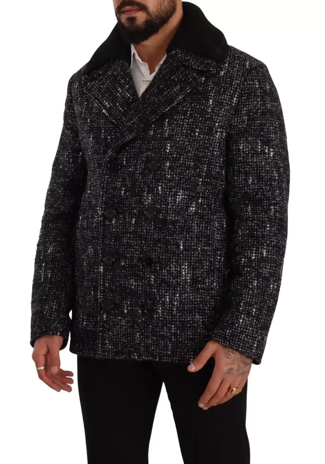 Double Breasted Peacoat BlackWhite Tweed - Black and Gray / IT48 | M