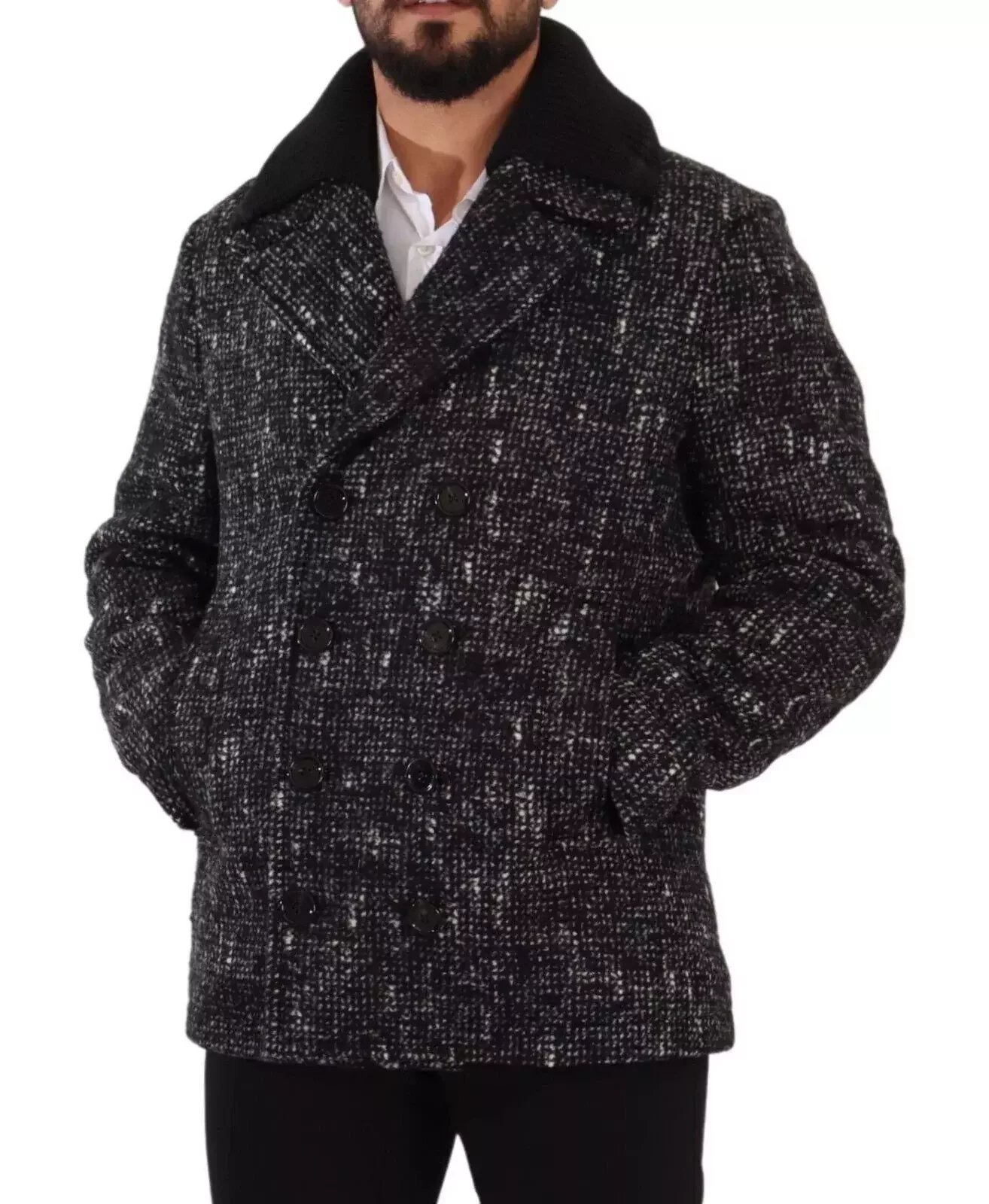 Double Breasted Peacoat BlackWhite Tweed - Black and Gray / IT48 | M