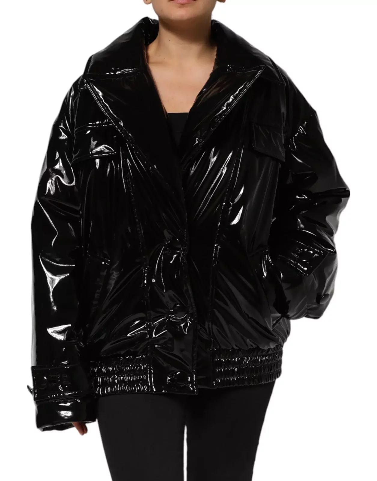 Polyester Quilted Puffer Coat with Zipper Closure and Logo Details - Black / 40 IT