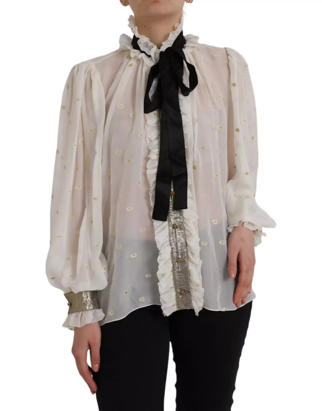 Dolce Gabbana Silk Blouse High Neck Ruffle Blouse - Off White / IT42|M