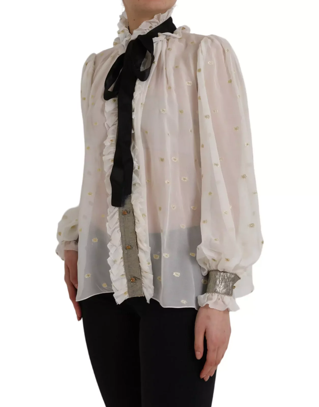 Dolce Gabbana Silk Blouse High Neck Ruffle Blouse - Off White / IT42|M