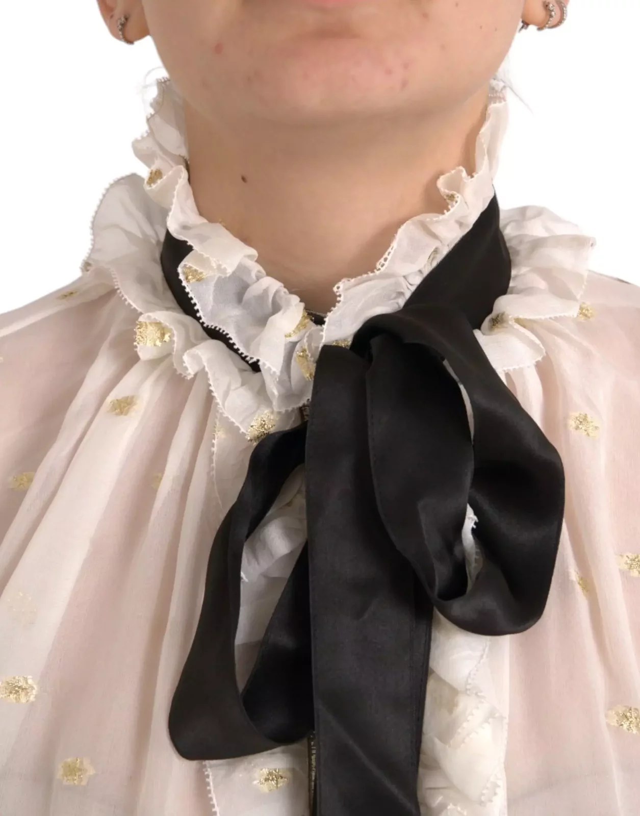 Dolce Gabbana Silk Blouse High Neck Ruffle Blouse - Off White / IT42|M