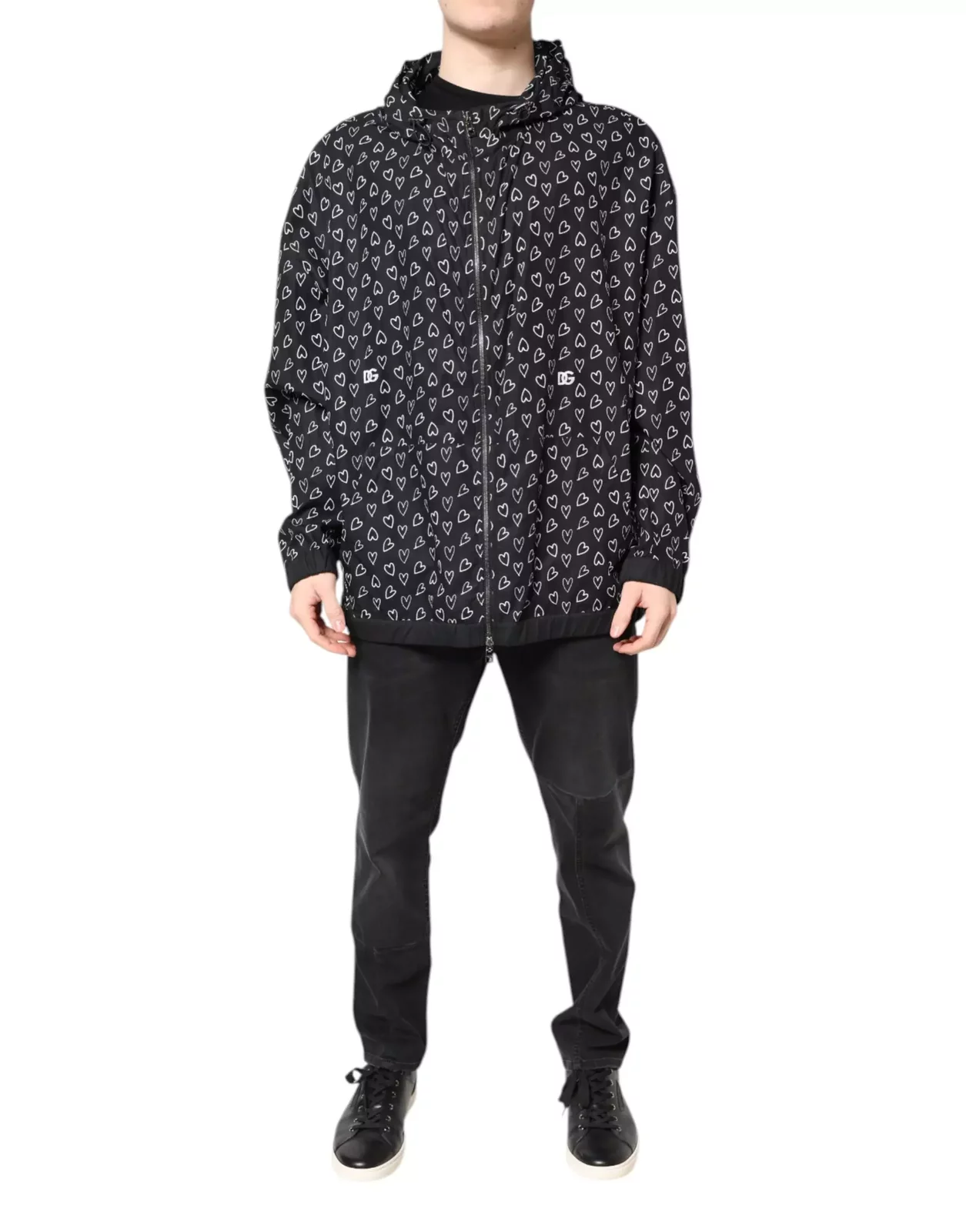 Heart Print ZipUp Jacket - Black / IT52 | XL