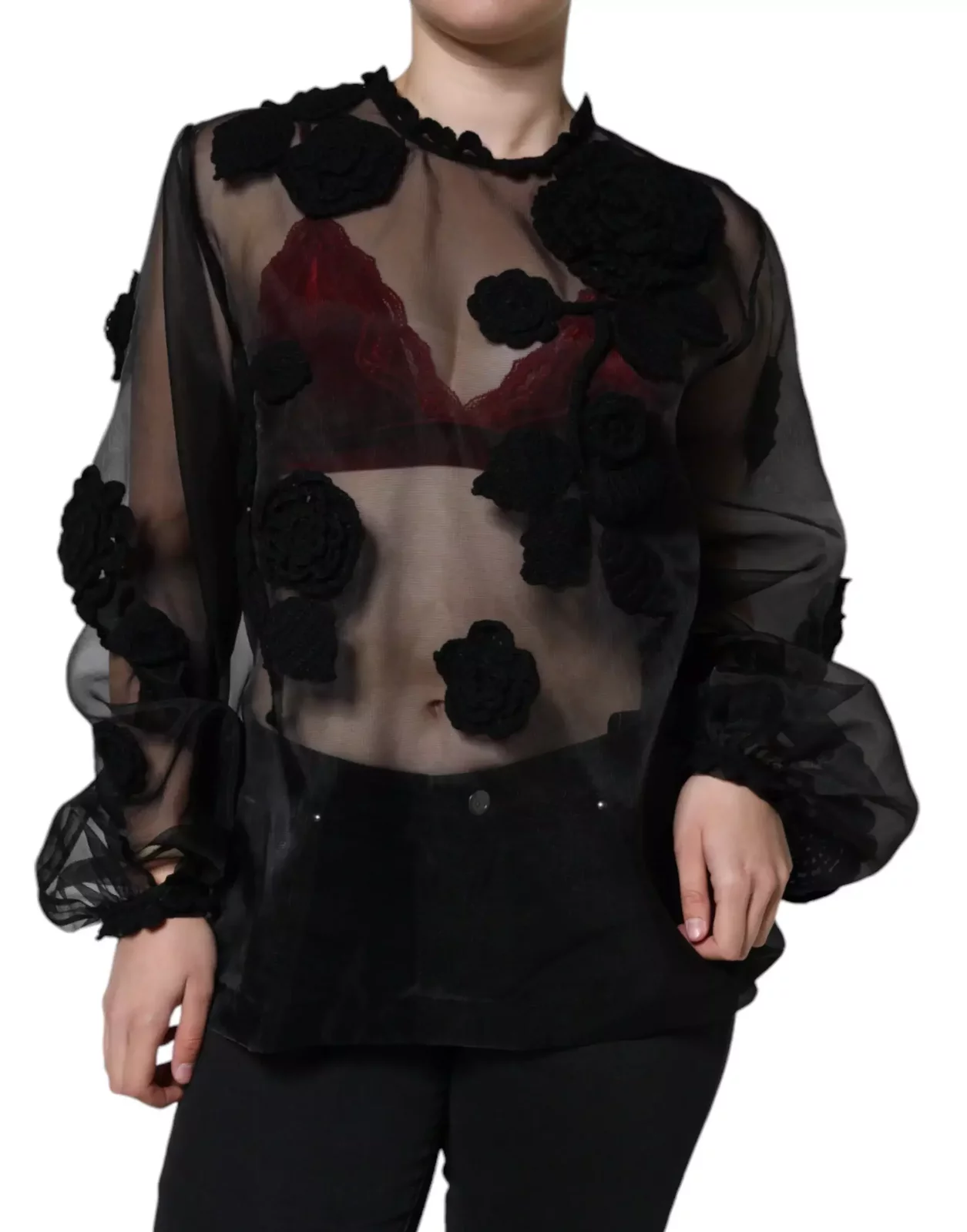 Floral Applique Sheer Blouse - Black / IT46|XL