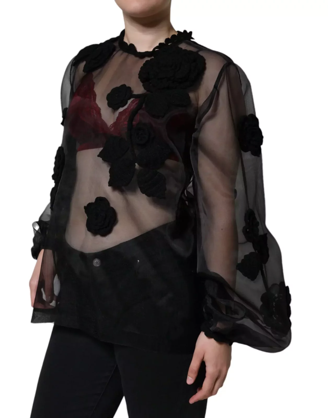 Floral Applique Sheer Blouse - Black / IT46|XL