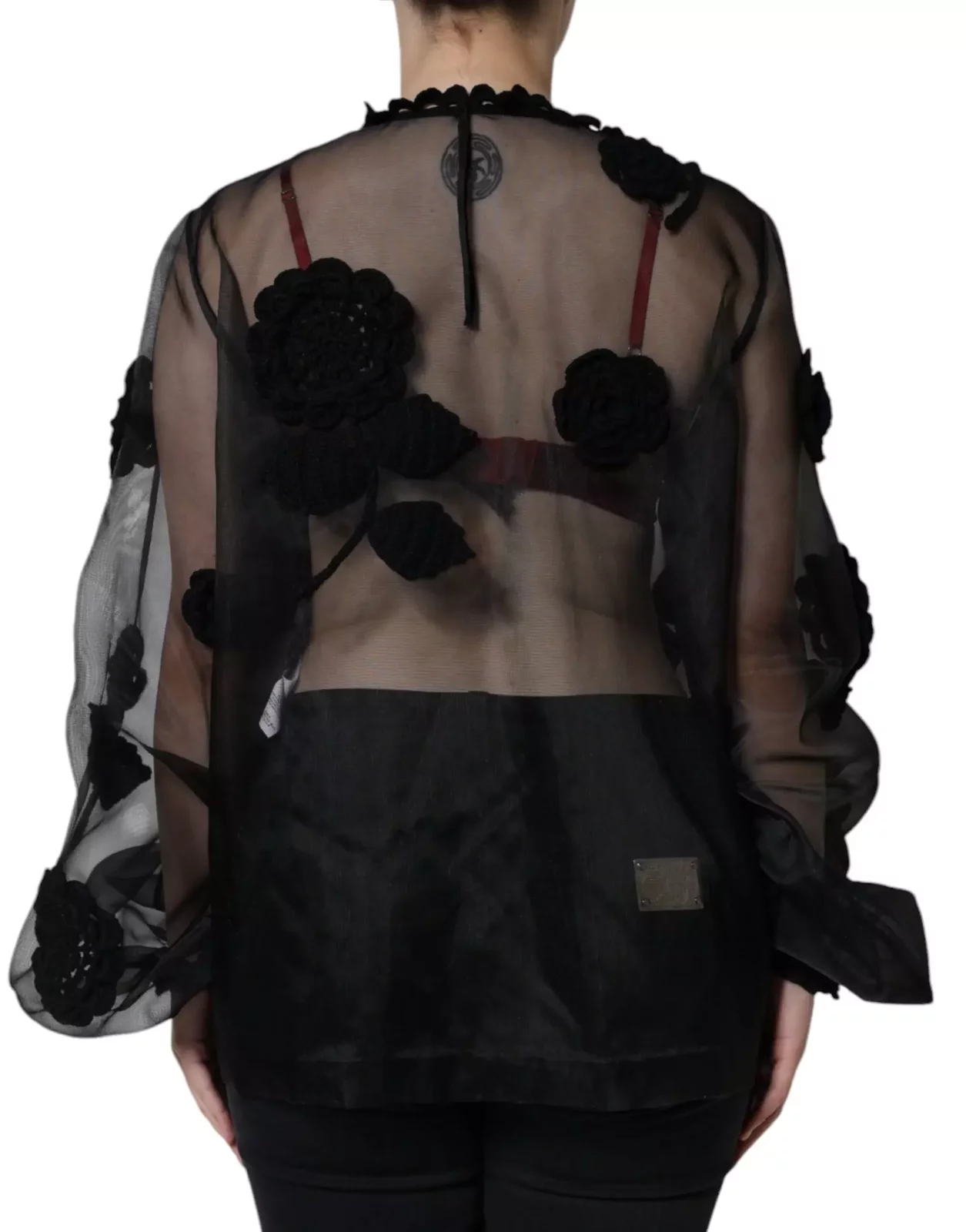 Floral Applique Sheer Blouse - Black / IT46|XL