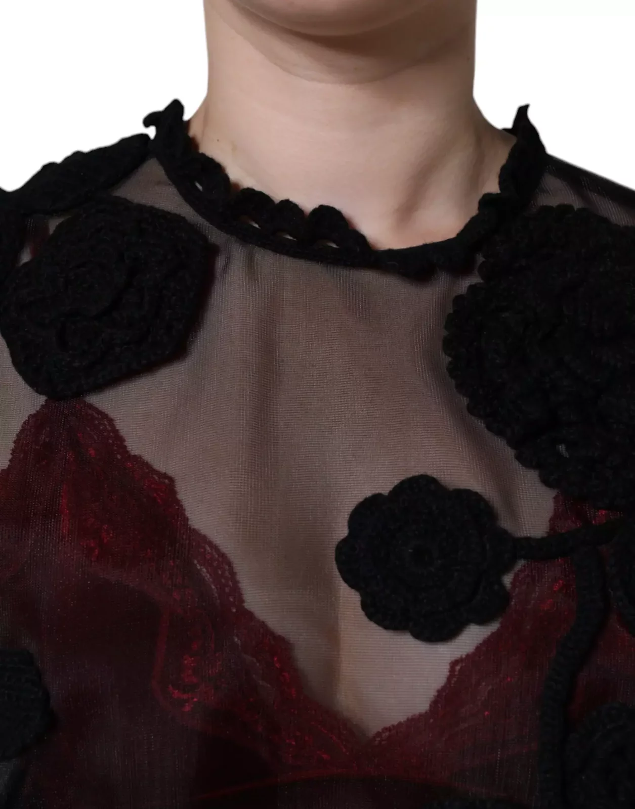 Floral Applique Sheer Blouse - Black / IT46|XL