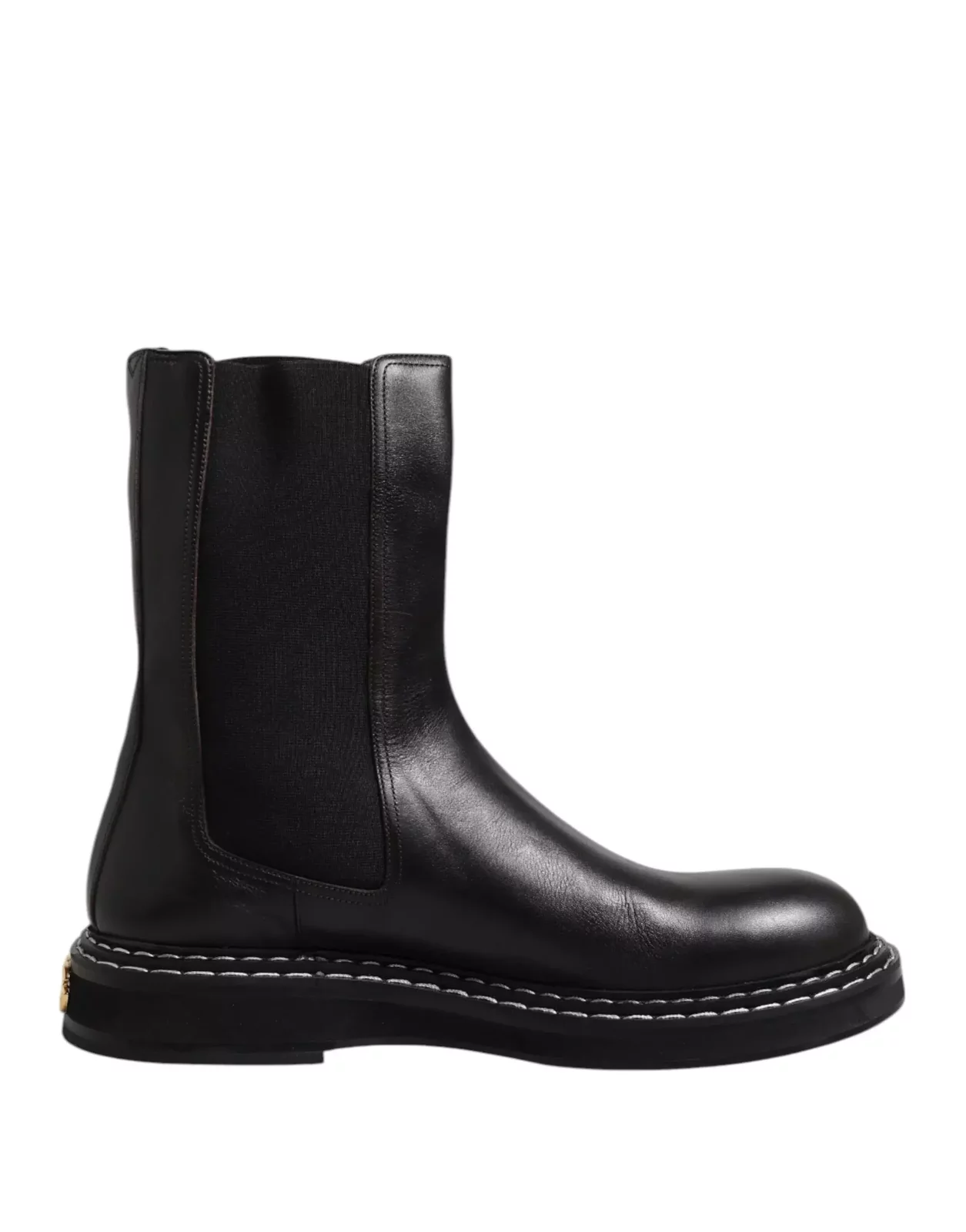 Leather Mid Calf Boots with Leather Sole and Logo Details - Black / EU44/US11