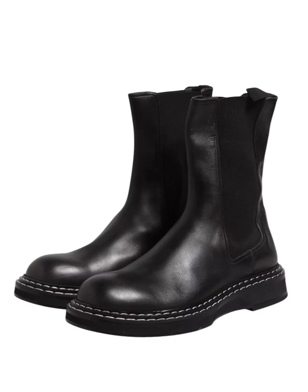 Leather Mid Calf Boots with Leather Sole and Logo Details - Black / EU44/US11