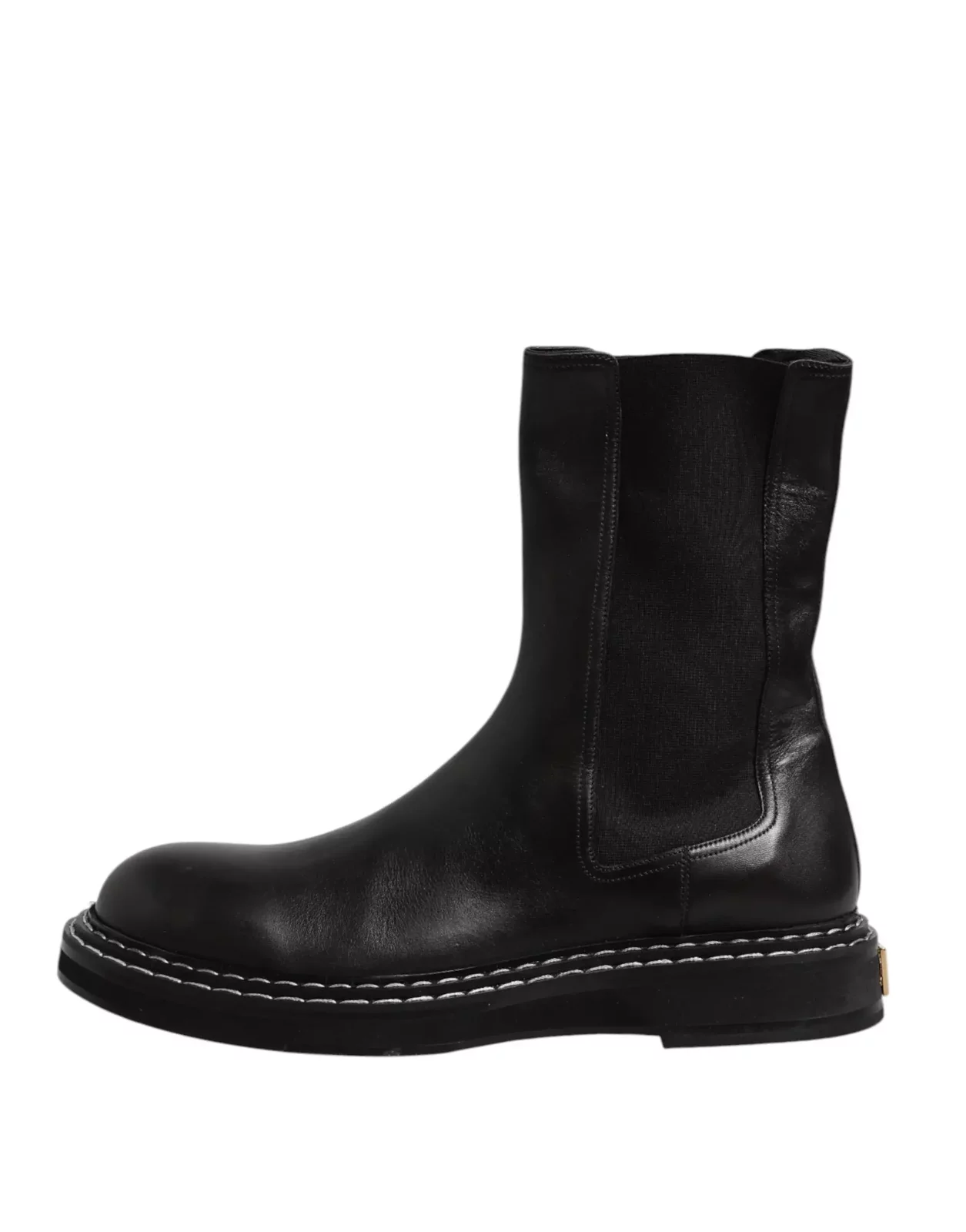 Leather Mid Calf Boots with Leather Sole and Logo Details - Black / EU44/US11