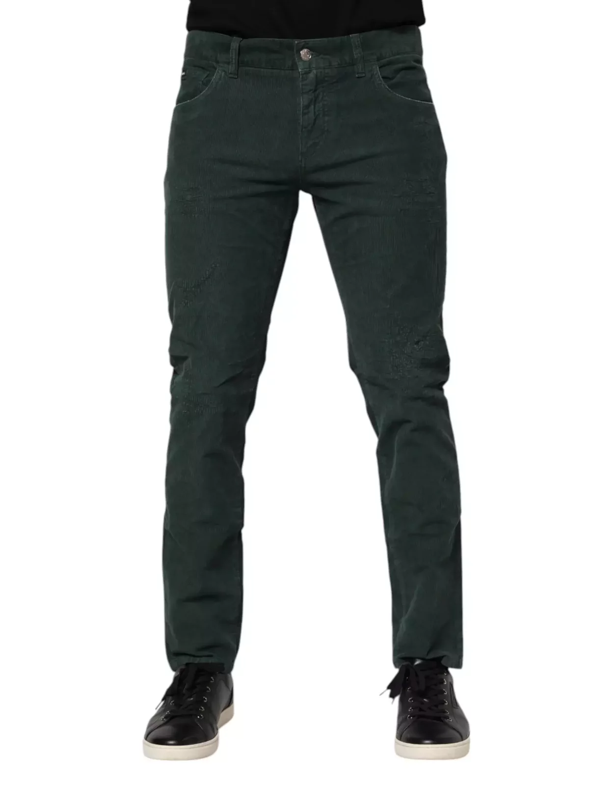 Cotton Corduroy Skinny Tapered Pants with Zipper Closure - Green / IT50 | L