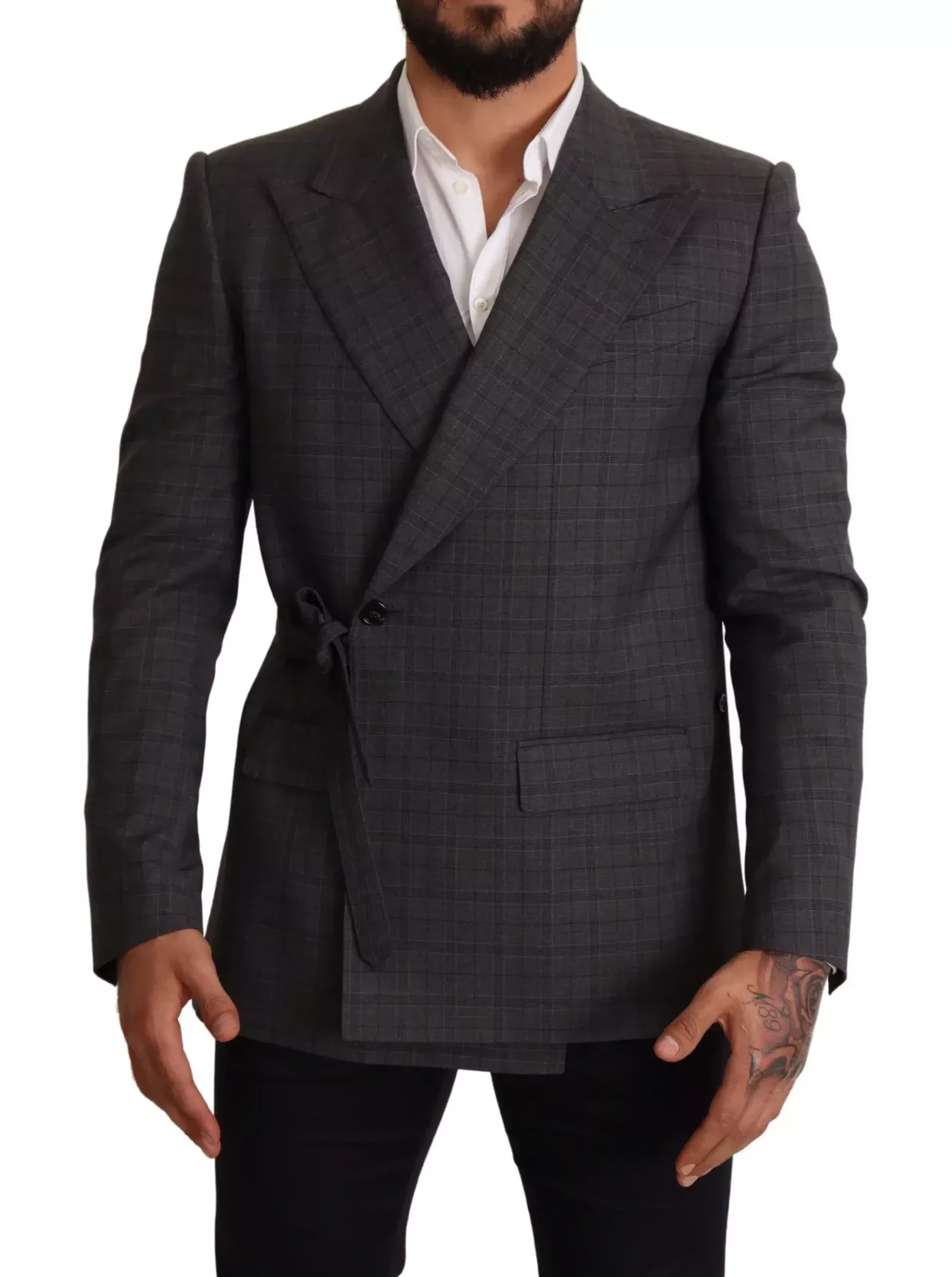 Wrap Blazer Plaid Design - Gray / IT48 | M