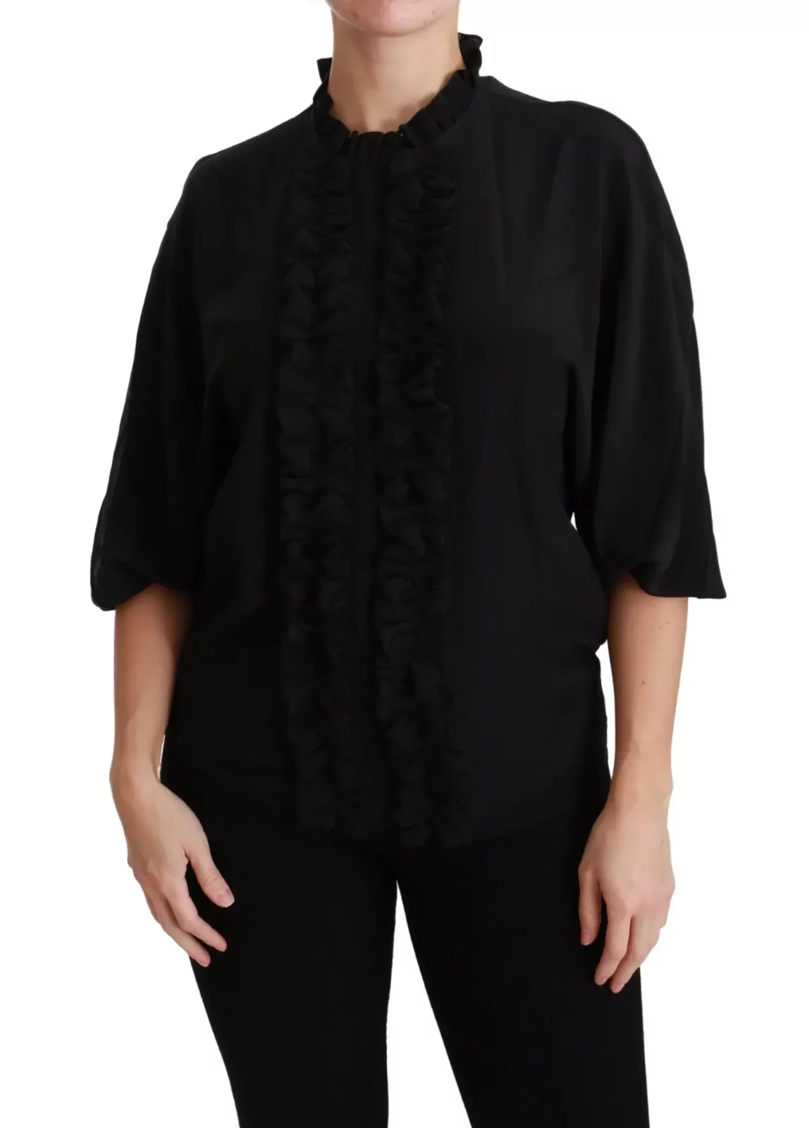 Dolce Gabbana Silk Blouse High Neck Half Sleeves - Black / IT36 | XS
