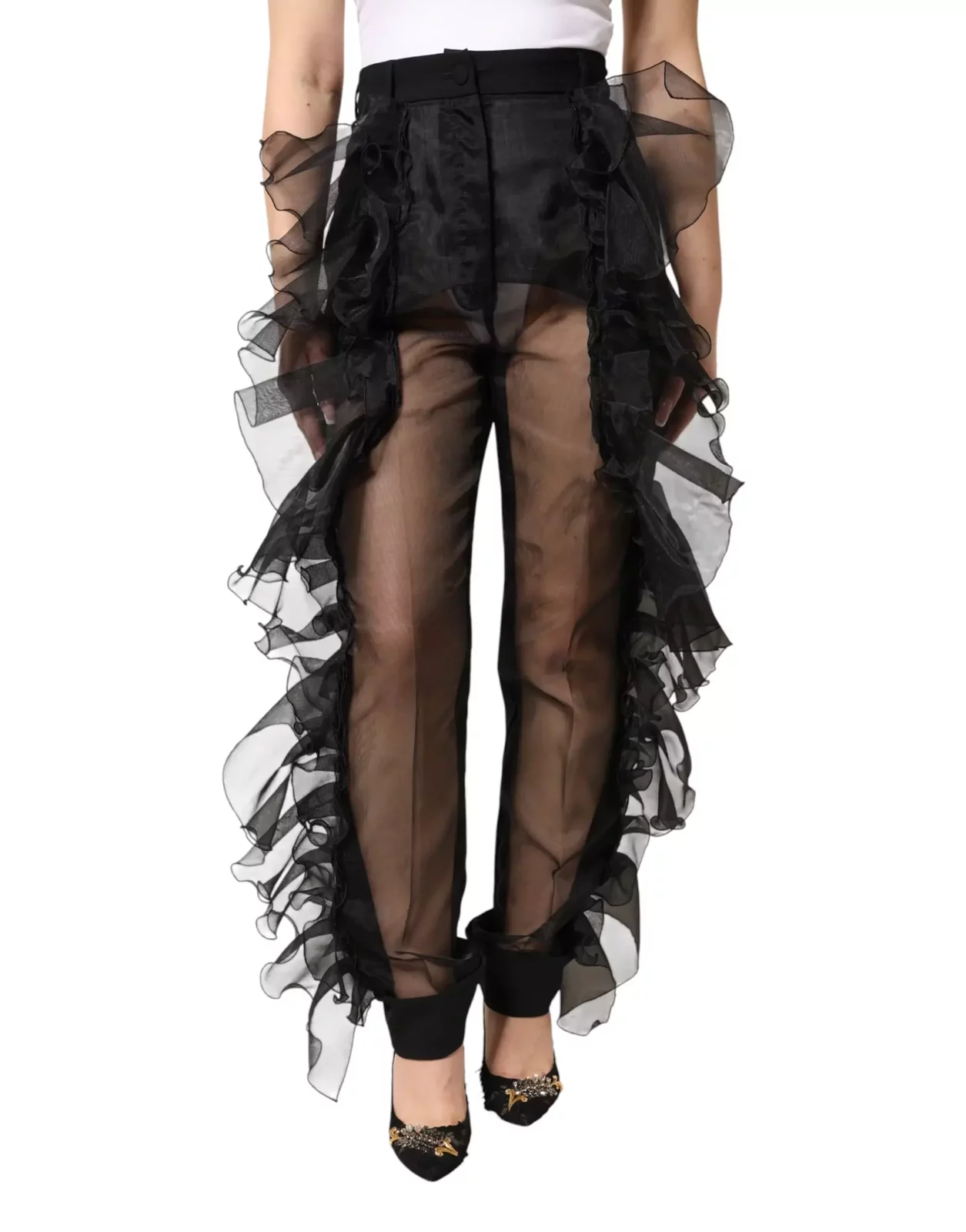 High Waist Tulle Wool Trouser Pants - Black / IT40|S