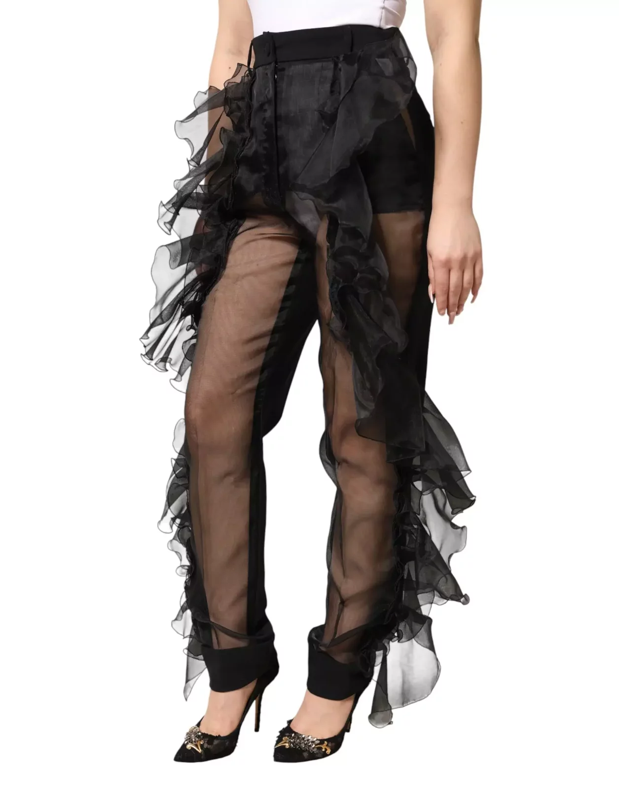 High Waist Tulle Wool Trouser Pants - Black / IT40|S