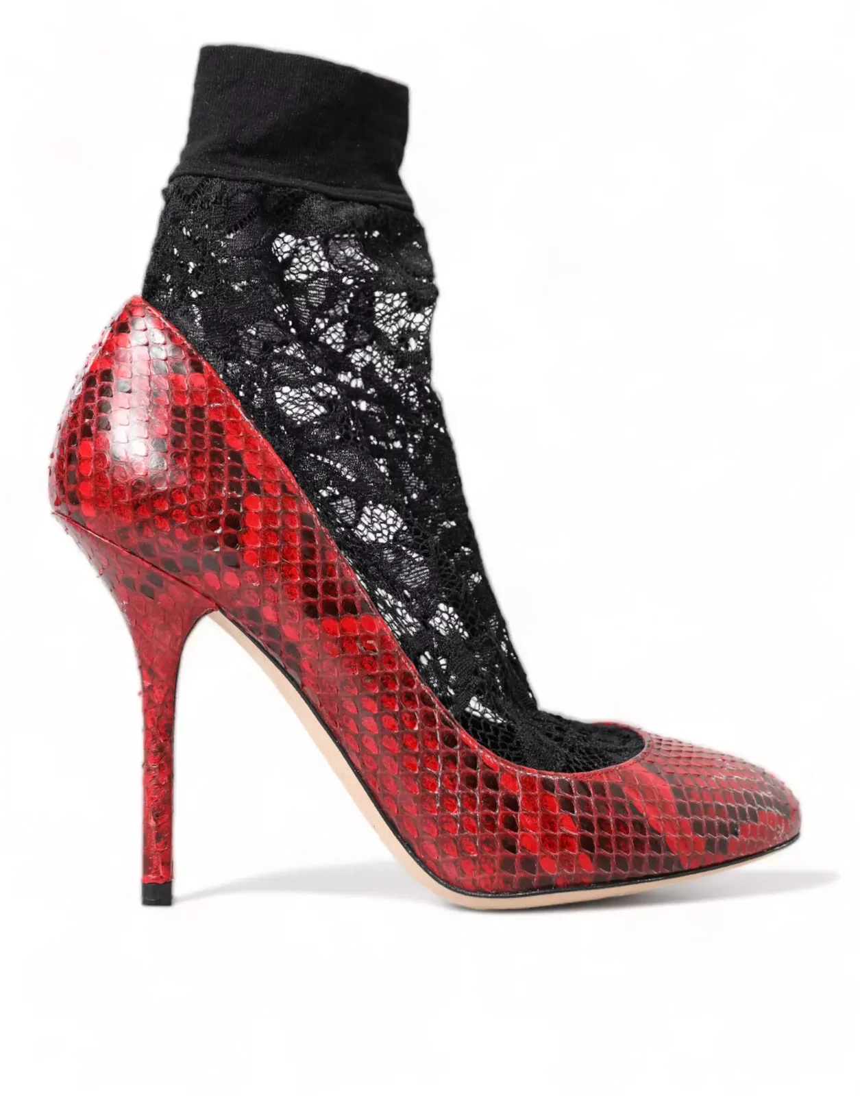 Exquisite Snakeskin Leather Pumps with Lace Socks - Black and Red / 36.5 EU