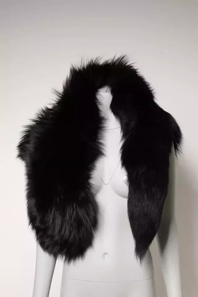 Fox Fur Neck Wrap Warmer Scarf with Silk Lining - Black / One Size