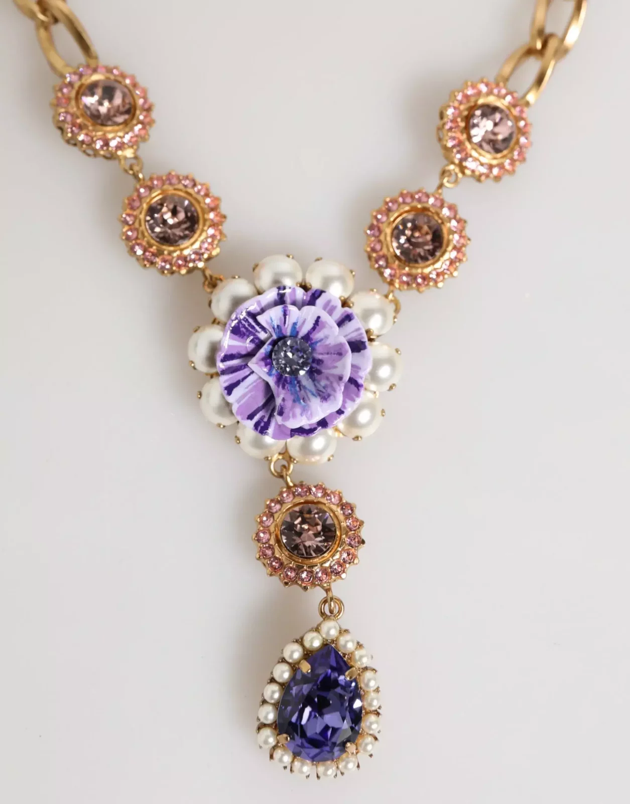 Gold Brass Crystal Pearl Floral Pendant Necklace - Multicolor