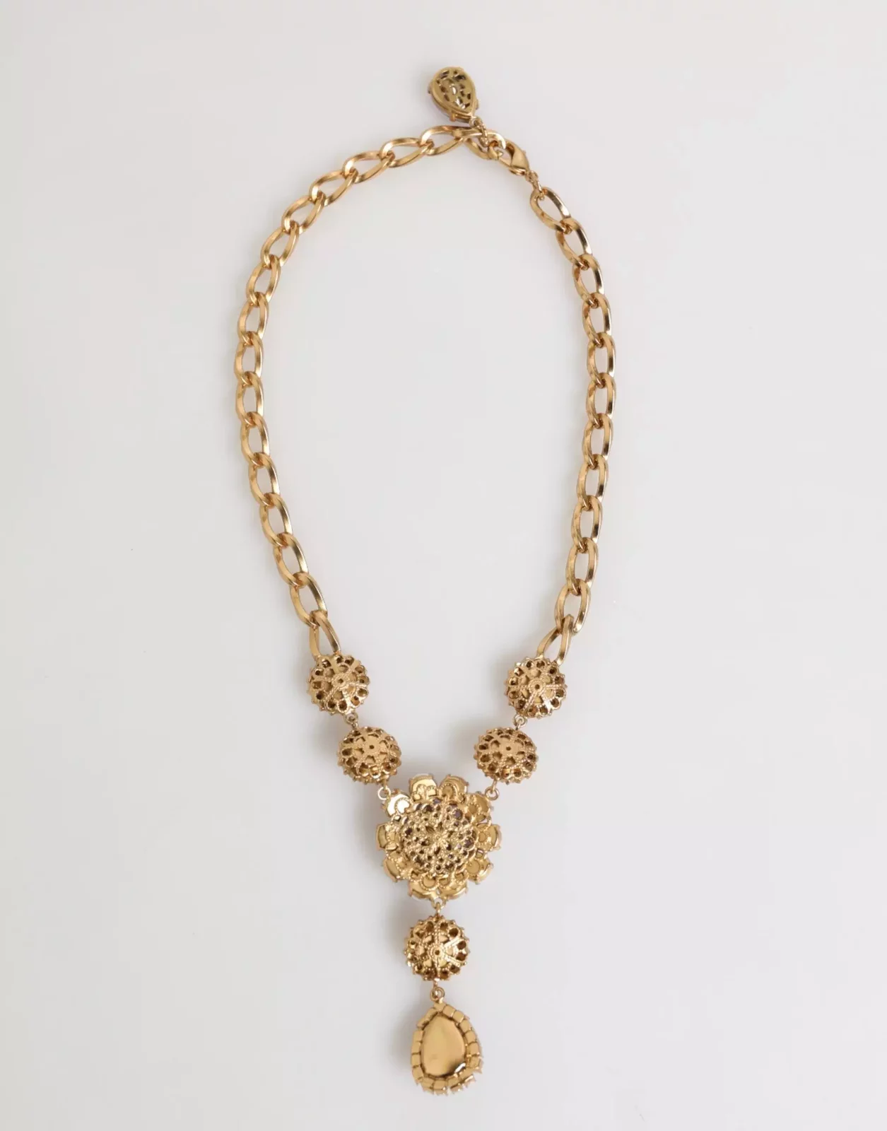 Gold Brass Crystal Pearl Floral Pendant Necklace - Multicolor