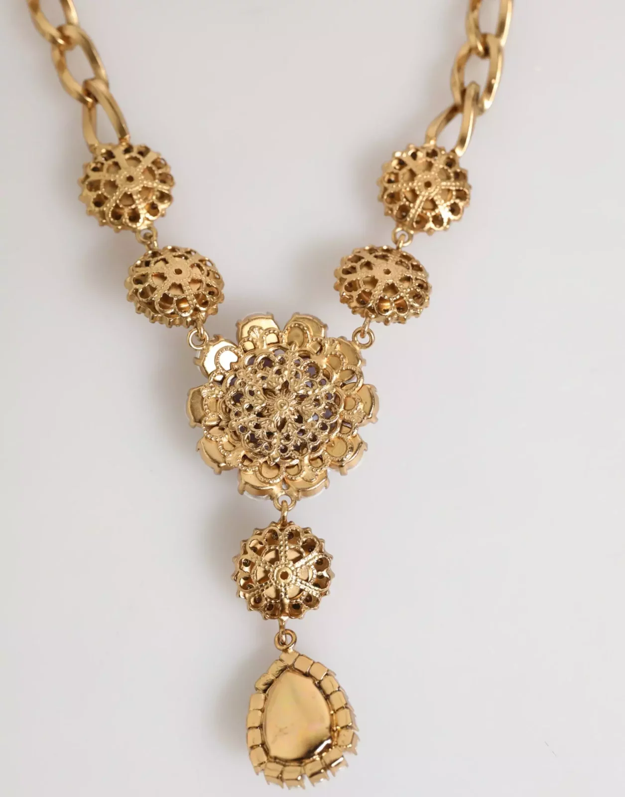 Gold Brass Crystal Pearl Floral Pendant Necklace - Multicolor