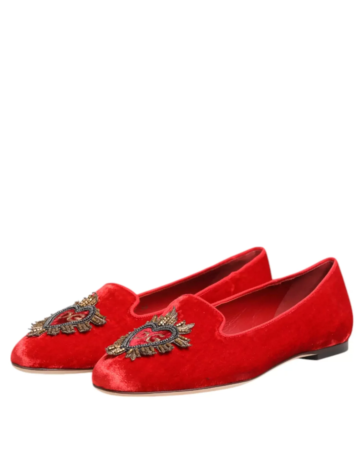 Velvet Heart Applique Loafers with Leather Sole - Red / EU36/US5.5
