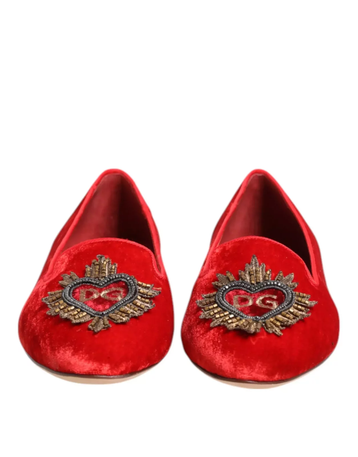 Velvet Heart Applique Loafers with Leather Sole - Red / EU36/US5.5