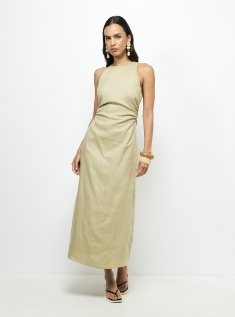 elow ruched linen midi dress oregano 