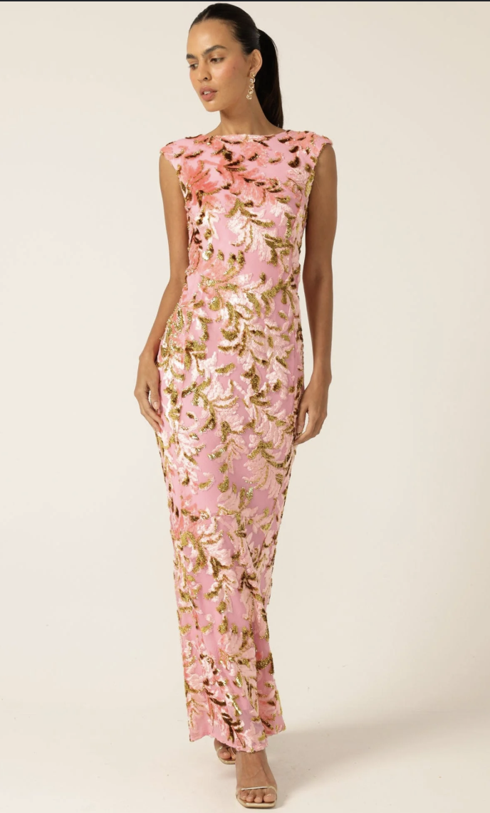 HEAVENLY HEIGHTS MAXI DRESS PINK GOLD