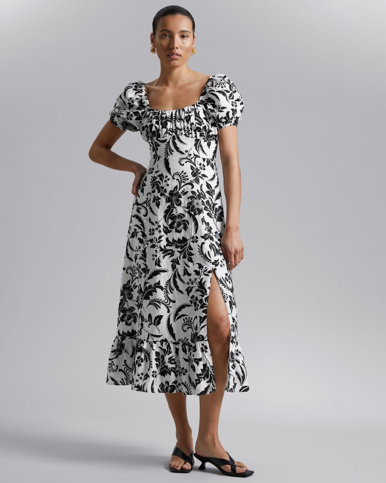 Puff Sleeve Linen Midi Dress
