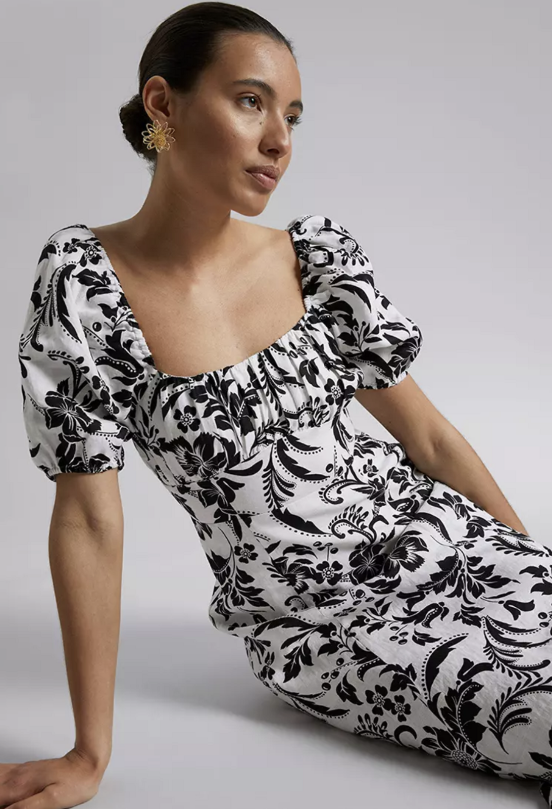 Puff Sleeve Linen Midi Dress
