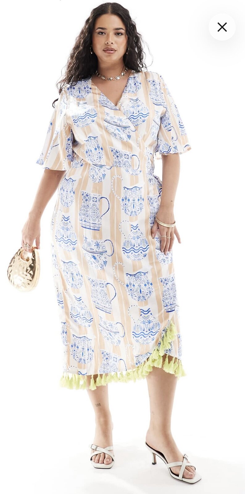 Tassel hem wrap dress cobalt tea pot print