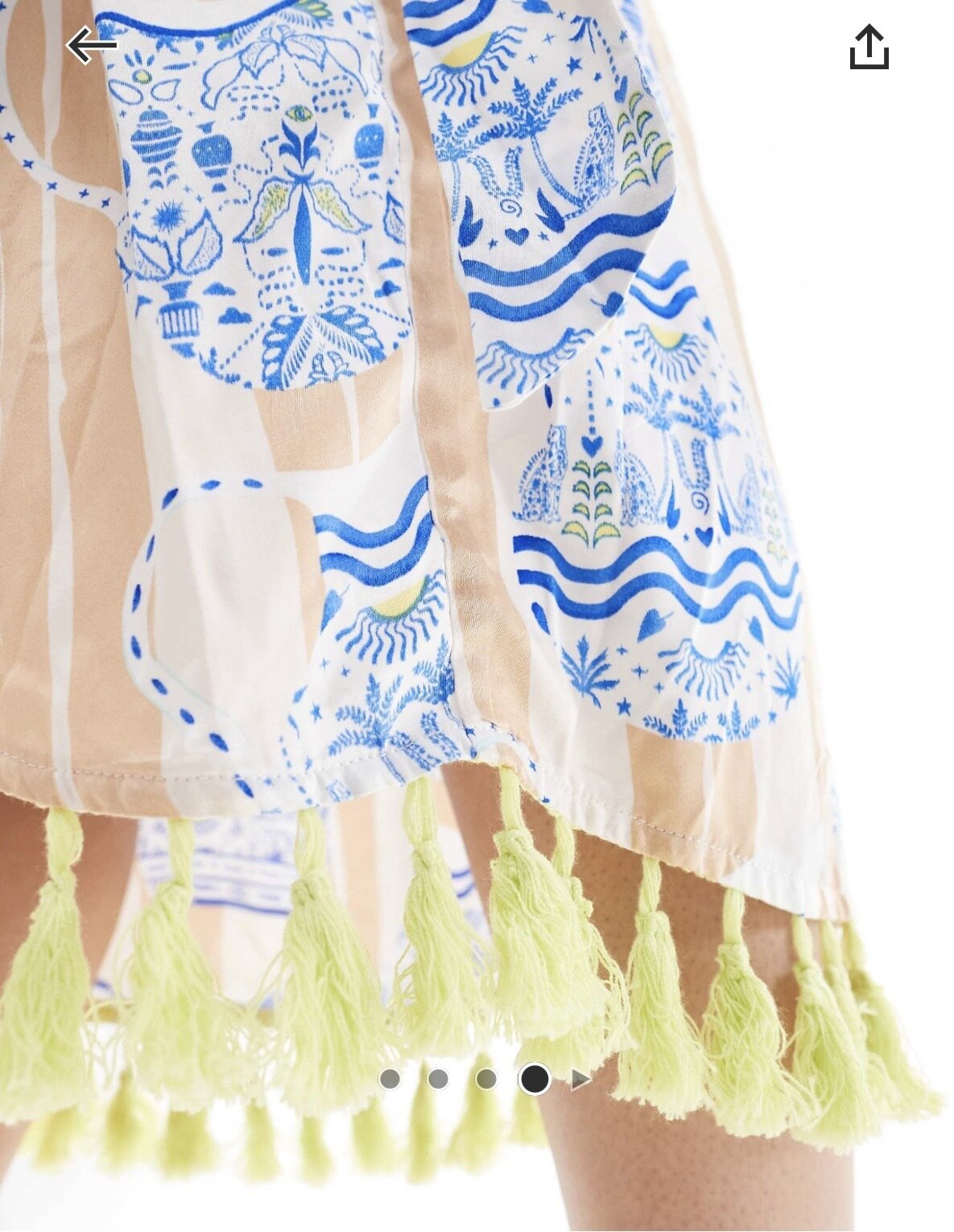 Tassel hem wrap dress cobalt tea pot print