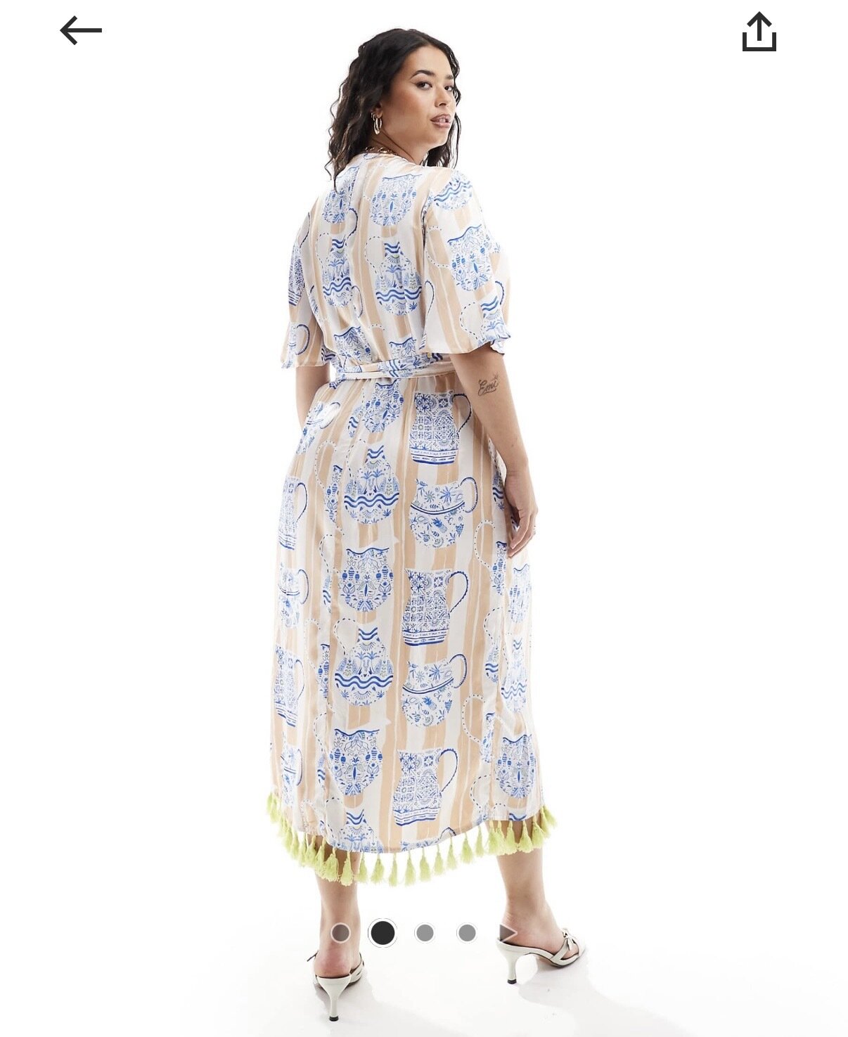 Tassel hem wrap dress cobalt tea pot print