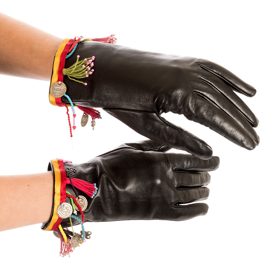 John Galliano ブラック手袋 サイズ7 John Galliano Black Leather Gloves with Coloured Details Size S-M
