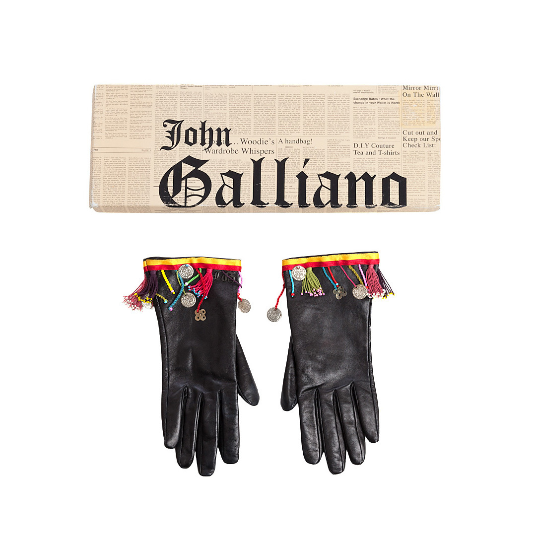 John Galliano Black Leather Gloves with Coloured Details Size S-M