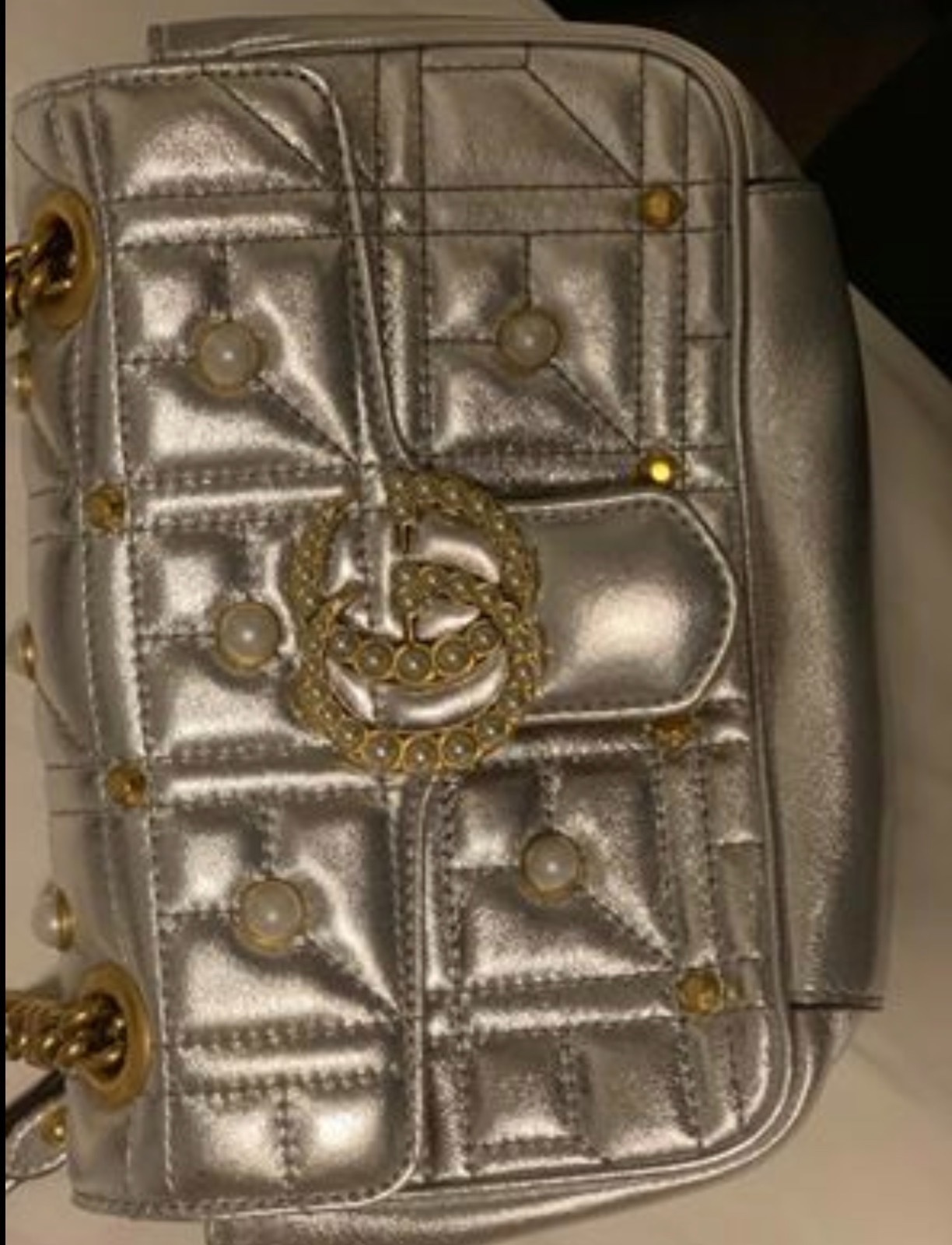 Metallic Matelasse Pearly Mini GG Marmont Bag Silver