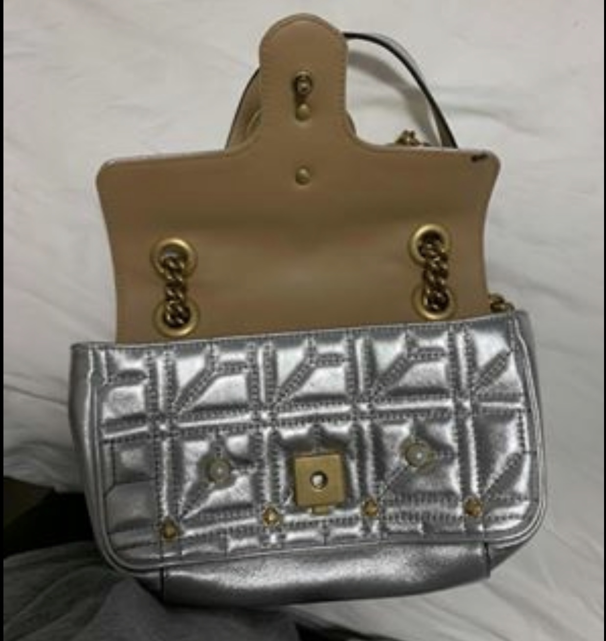 Metallic Matelasse Pearly Mini GG Marmont Bag Silver